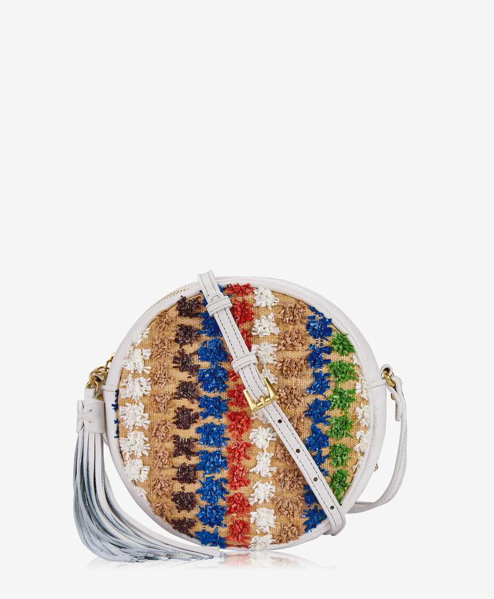 GiGi New York Zoey Crossbody White Pom Pom Raffia With Pebble Grain Leather