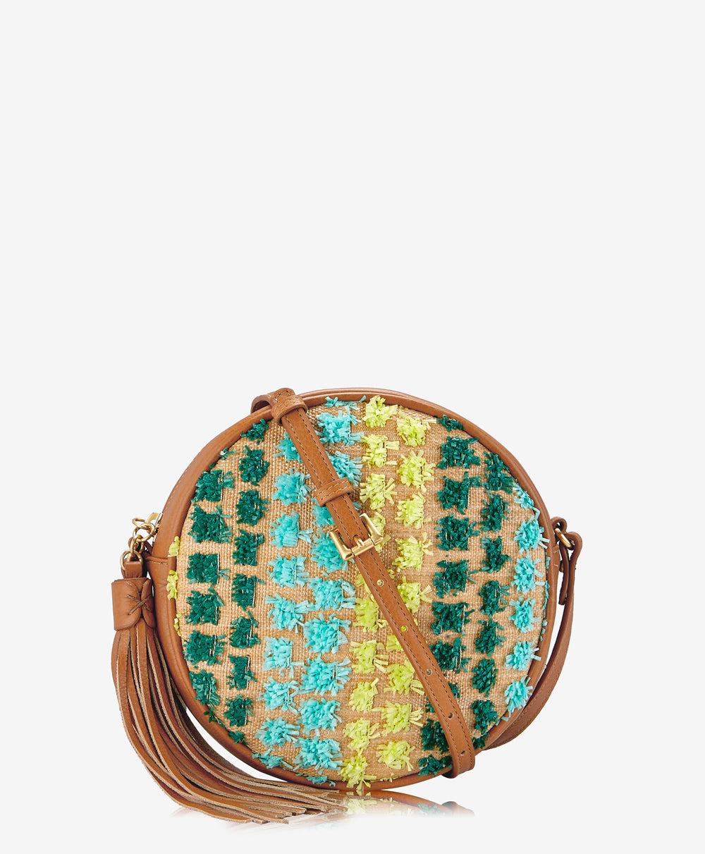 GiGi New York Zoey Crossbody Green Pom Pom Raffia With Pebble Grain Leather