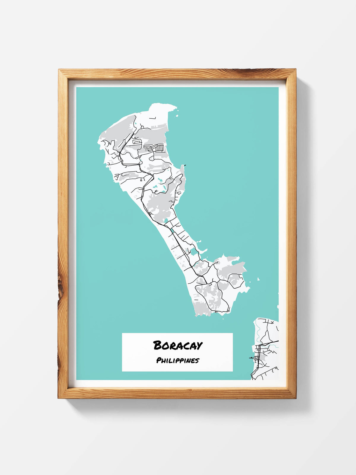 Map art print of Boracay, Philippines on display in an art gallery.