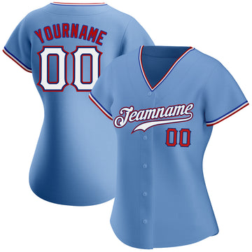 Custom Team Red Baseball Authentic White Light Blue Strip Jersey