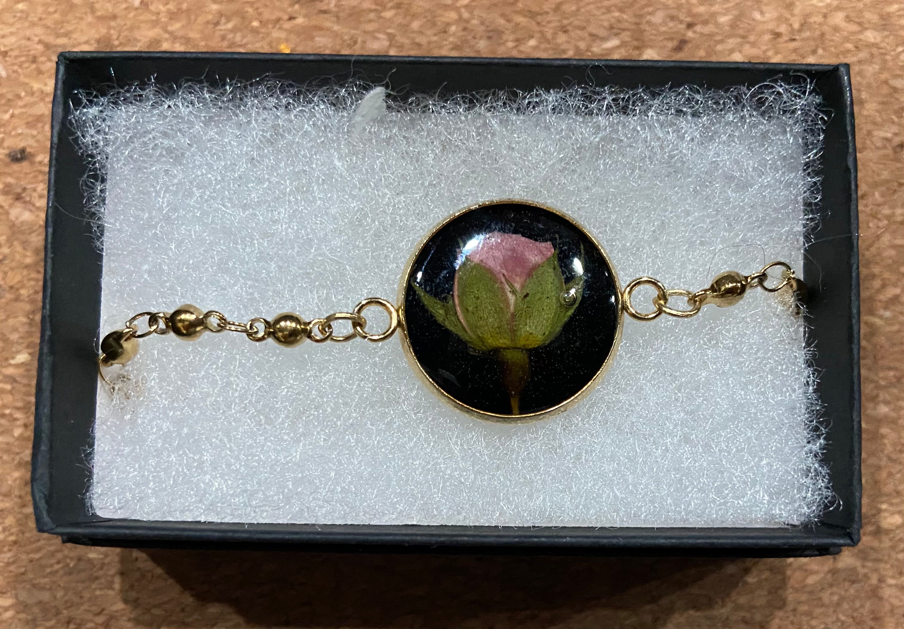 Pressed Flower Bracelet, Rose on Black, Gold