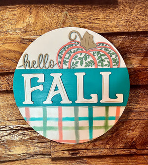 Hello Fall Pumpkin Plaid Wood Door Hanger - Backwoods Designs and Decor