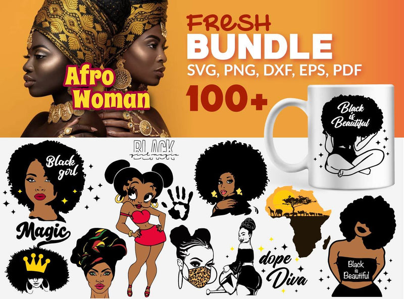 Download 100 Afro Woman Svg Bundle PSD Mockup Templates