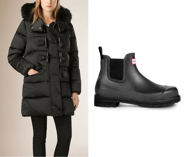 Burberry Duffle Puffer Coat; Hunter chelsea wellington boots