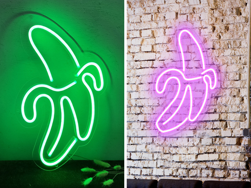 Banana neon sign in the colors green and pink