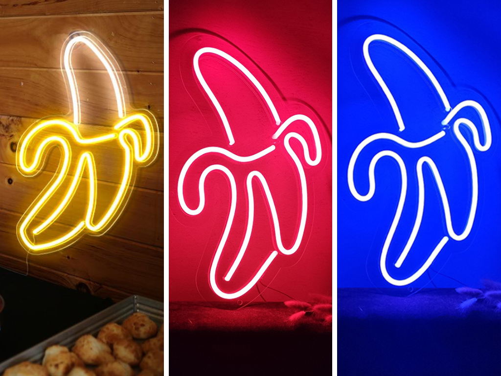 Banana neon sign in the colors golden yellow, red and deep blue
