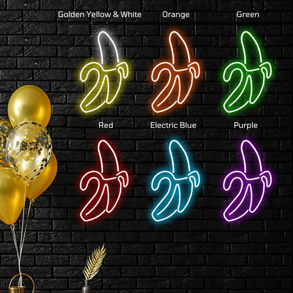 Banan neon sign in 6 different colors. Showing the colors names