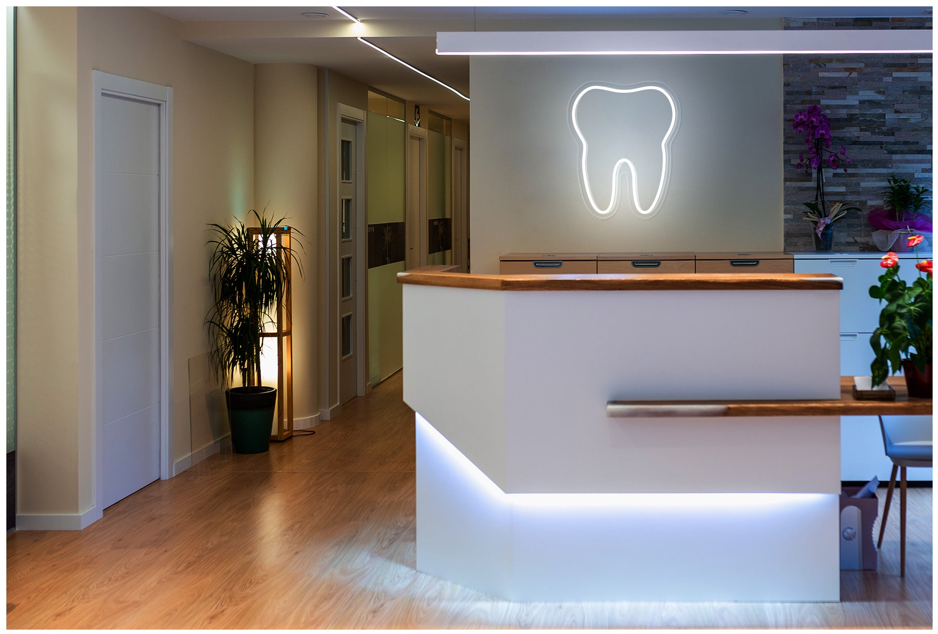 White Tooth LED Neon Sign installed on wall above reception at a dental clinic