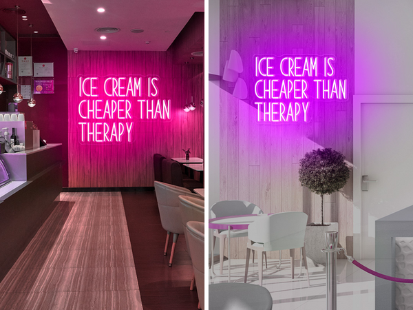 Ice cream is cheaper than therapy neon signs in deep pink and purple