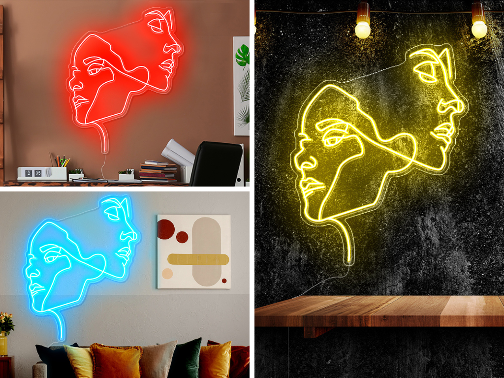 personalization face neon sign in 3 colors: red, electric blue and golden yellow