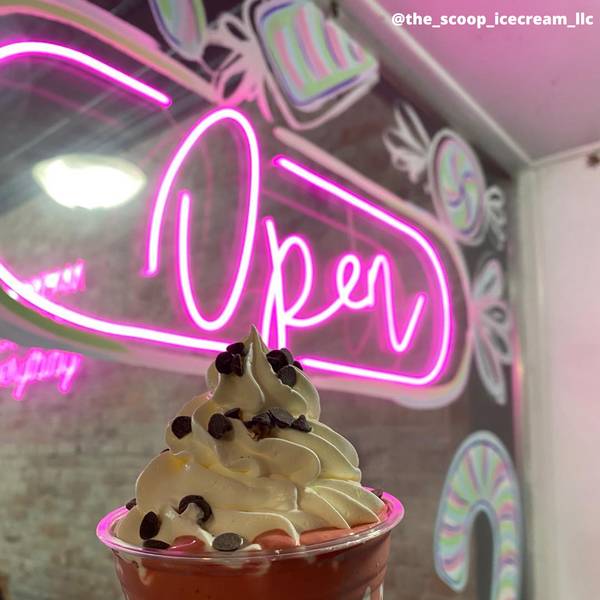 Photo of open sign and ice-cream at the scoop ice-cream shop