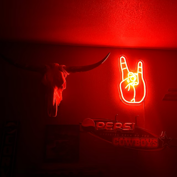 Rock on Fingers neon sign in Red at customers home.