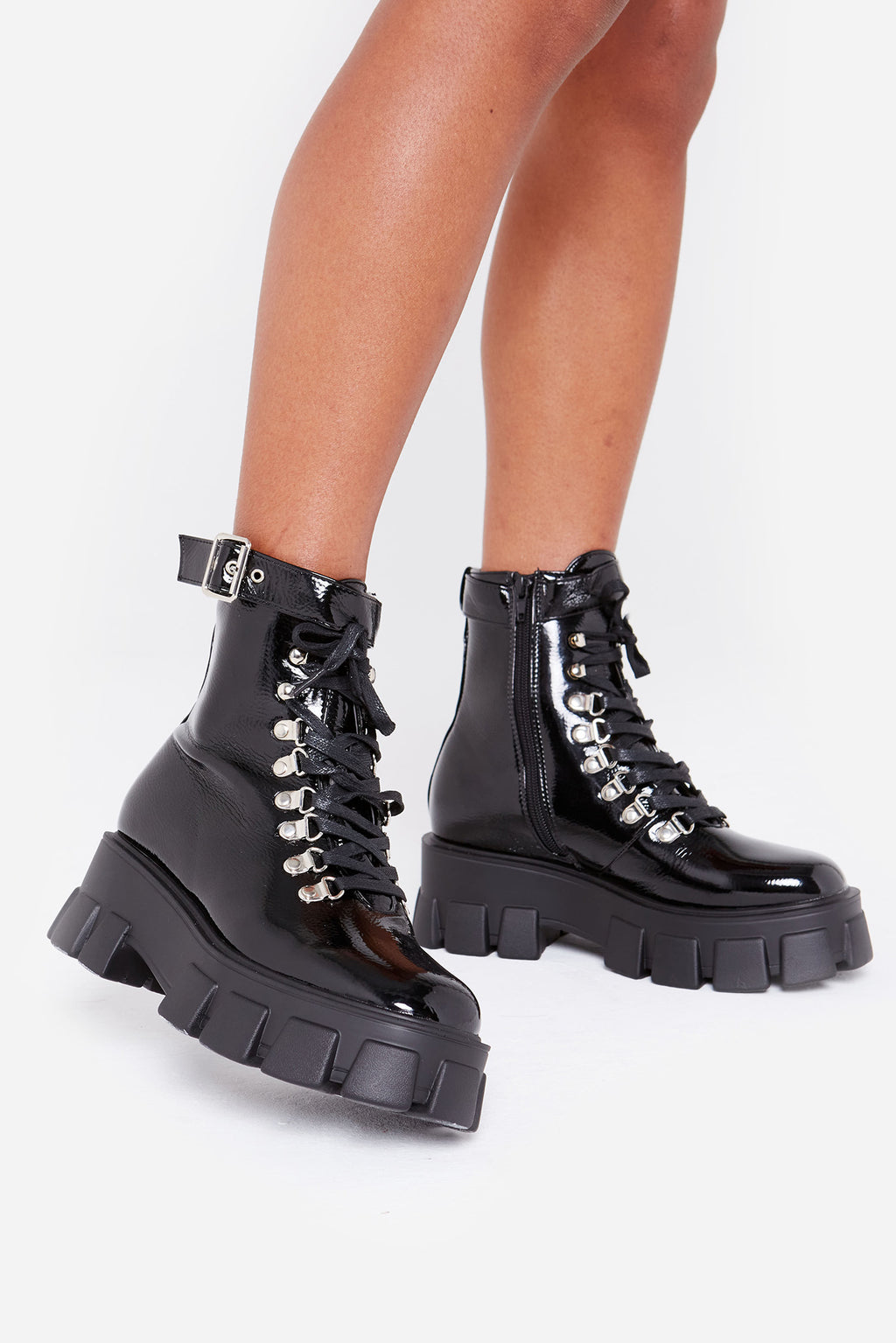 Chunky Boots in Black Vegan Patent Leather