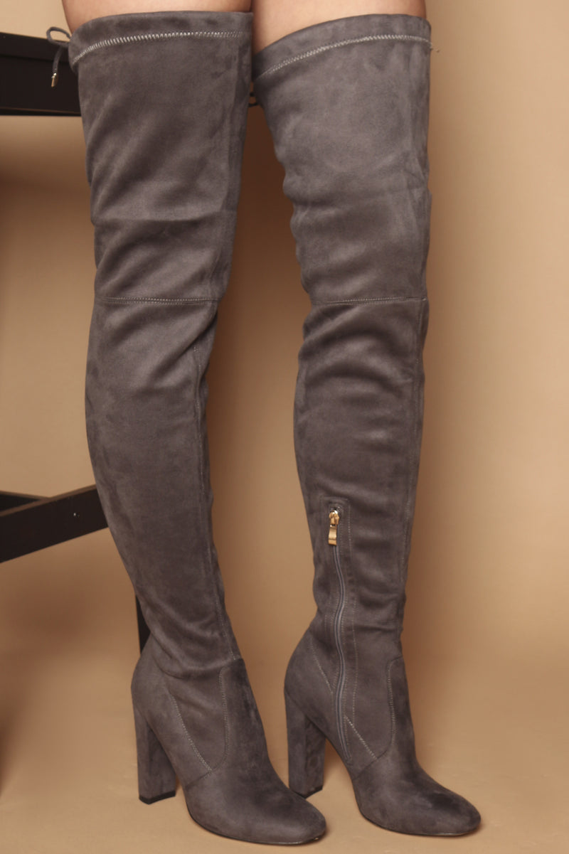 grey suede thigh high heel boots