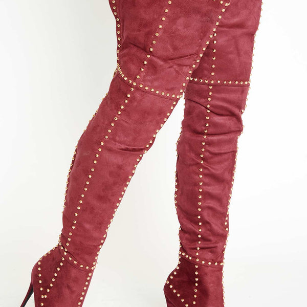 maroon thigh high boots