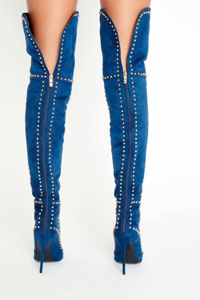 blue suede thigh high boots