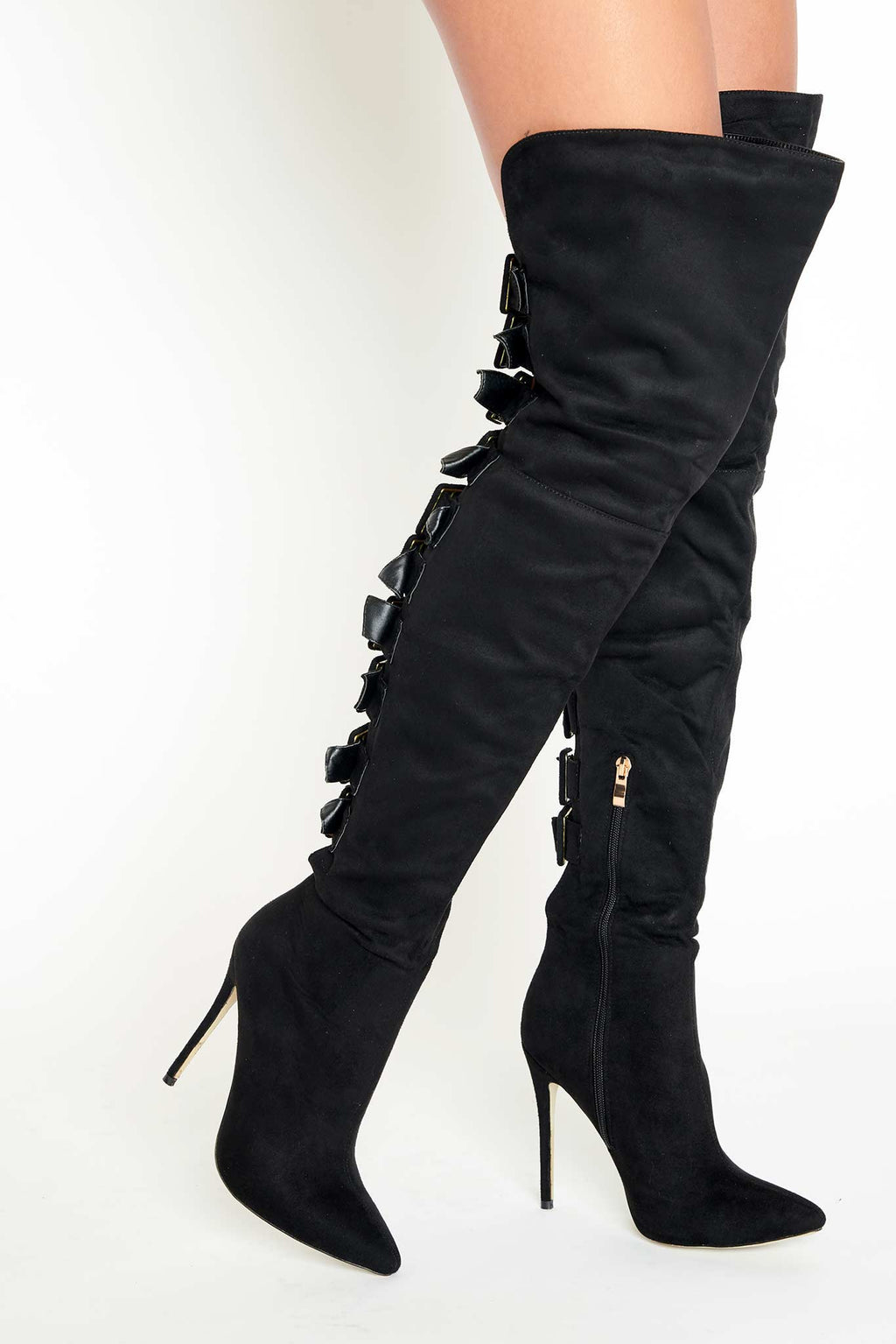 black leather thigh high boots with buckles