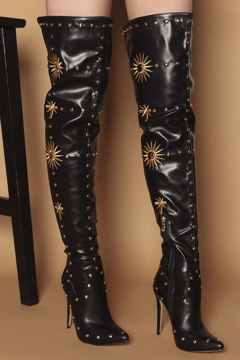 black studded knee high boots