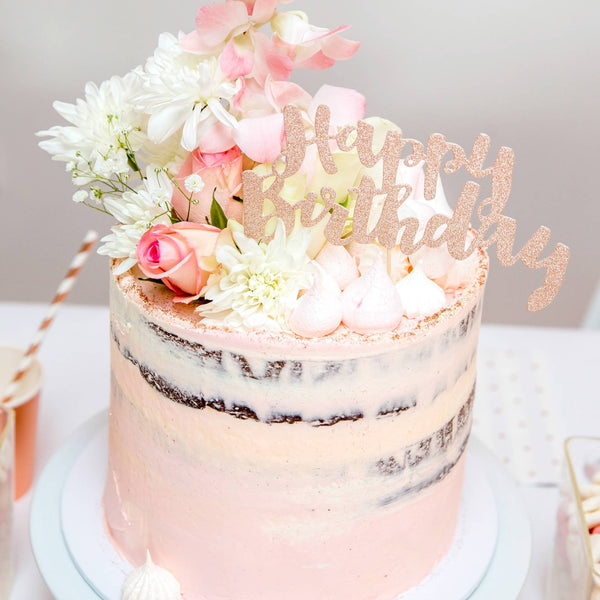 Happy Birthday Rose Gold Glitter Cake Topper - 1 Pce