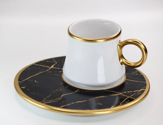 Black & White Turkish Coffee Cups W/Water Glass Set