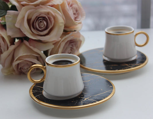 Black & White Turkish Coffee Cups W/Water Glass Set