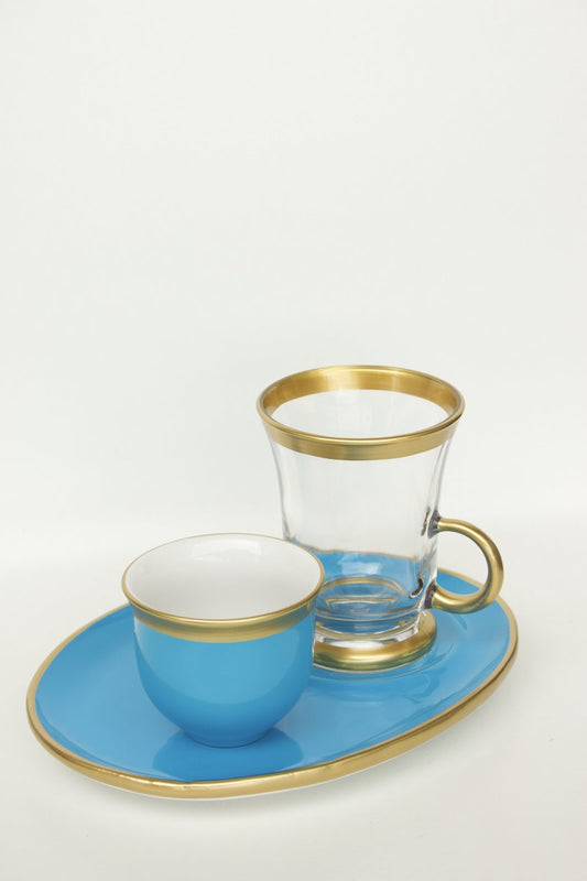 Yellow & White Turkish Coffee Cups W/Water Glass Set