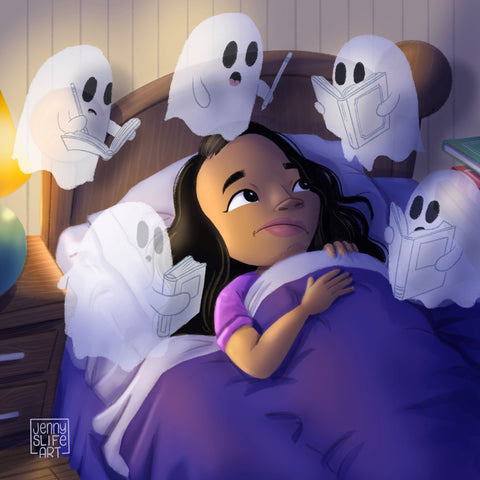 Cartoon version of author in bed with floating ghosts reading and writing books