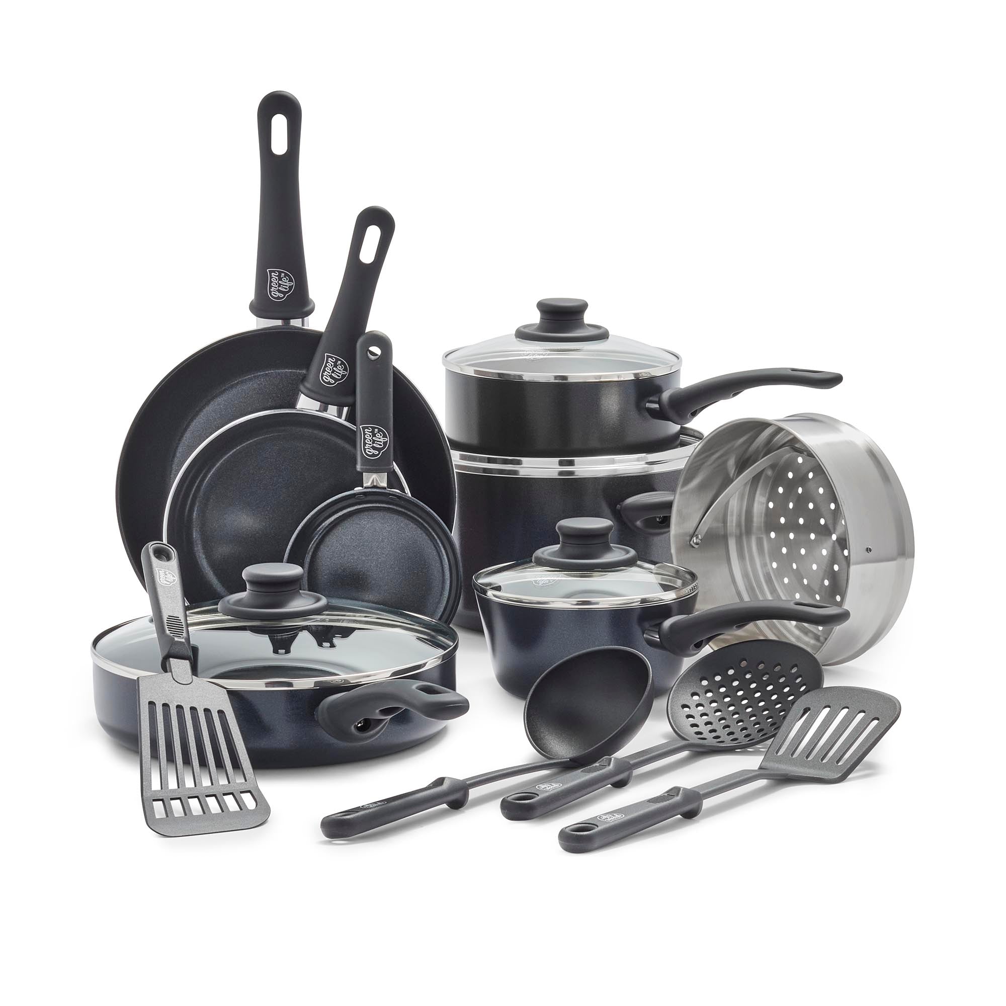 GreenLife Soft Grip 16 Piece Ceramic Non-Stick Cookware Set - Blue