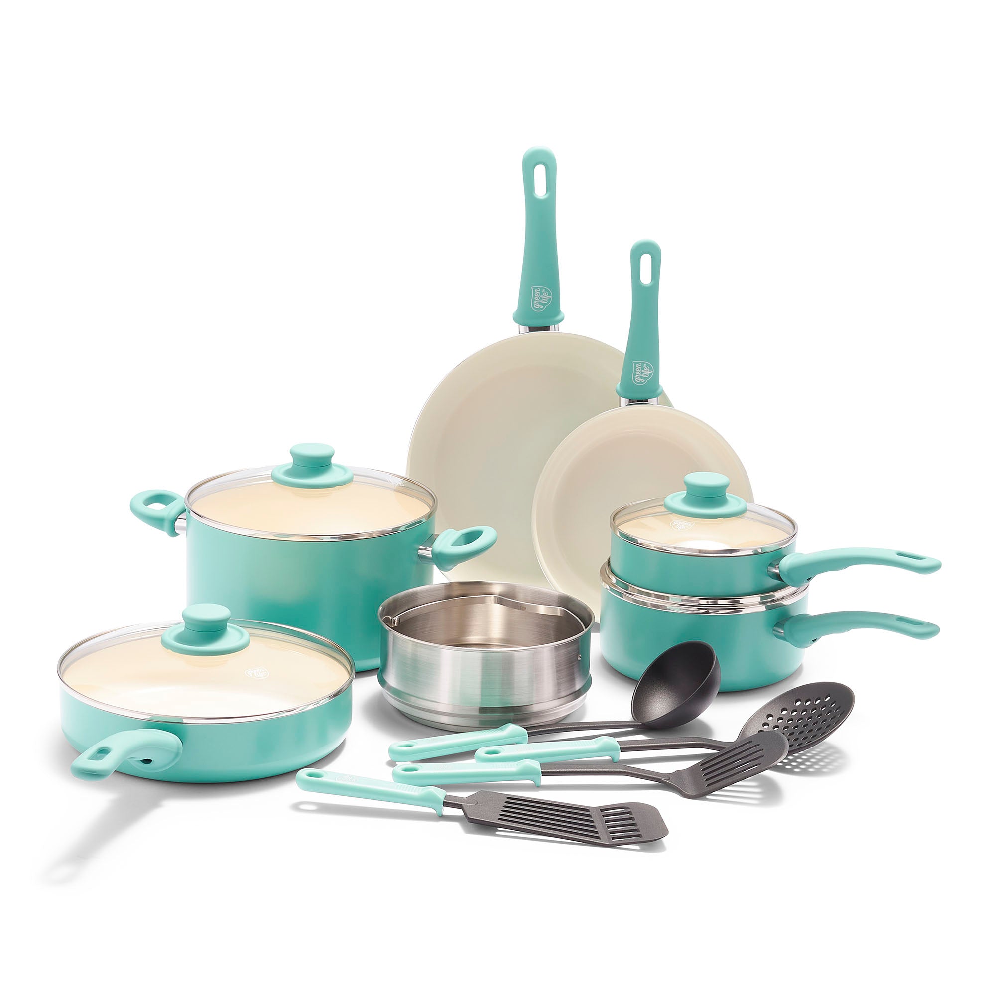 GreenLife Artisan Healthy Ceramic Nonstick, 12-Piece Cookware Set, Stainless Steel Handle Color: Turquoise CC005649-001