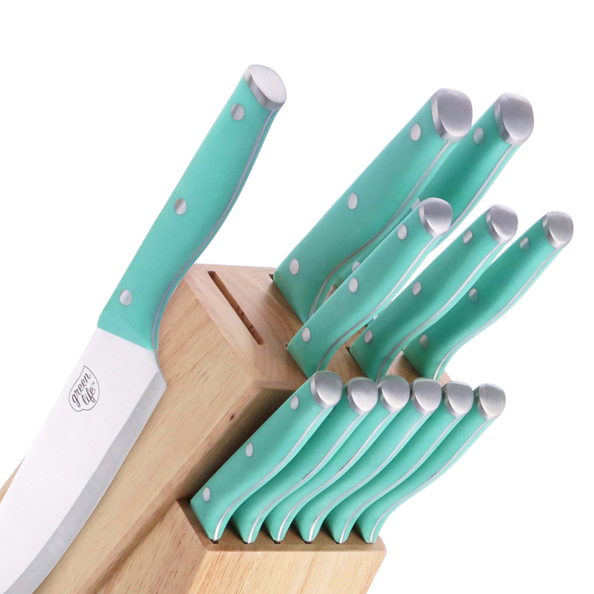 GreenLife Cutlery Stainless Steel Knife Set, 13 Piece with Knife Block,  Turquoise 