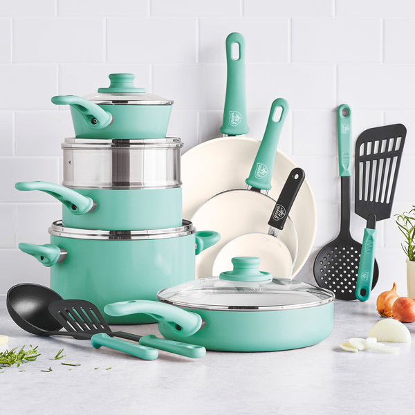 GreenLife Soft Grip 16 Piece Ceramic Non-Stick Cookware Set, Turquoise