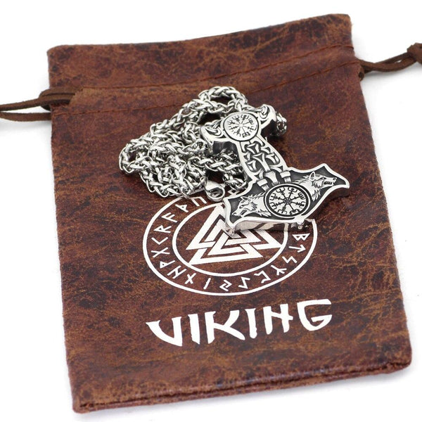 Mjolnir Necklace With Wolves & Vegvisir Symbol - Vikings Roar