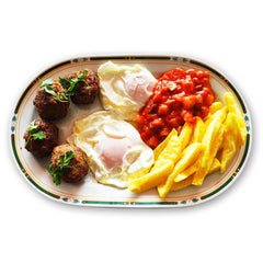 Albóndigas de Corzo, Huevos, Patatas y Pisto