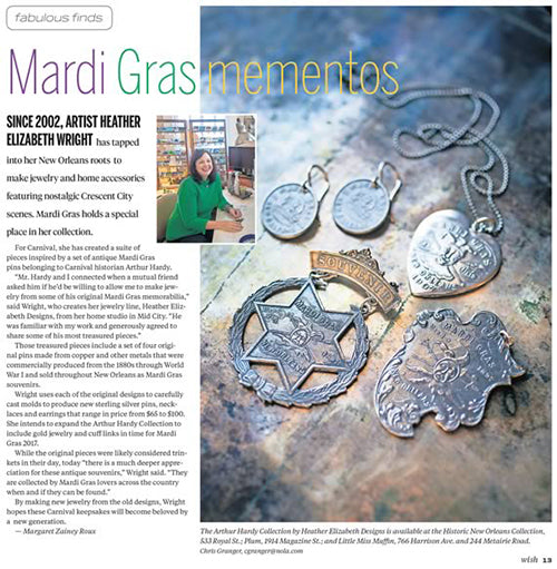 Article from The Times Picayune WISH, “Mardi Gras Mementos”, Feb 2016, featuring Heather's Arthur Hardy Mardi Gras Collection