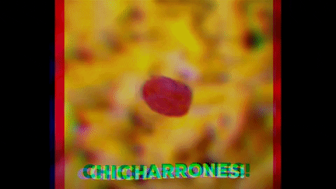 A chicharron pellet expanding into a pork rind with text that reads "pork skin"