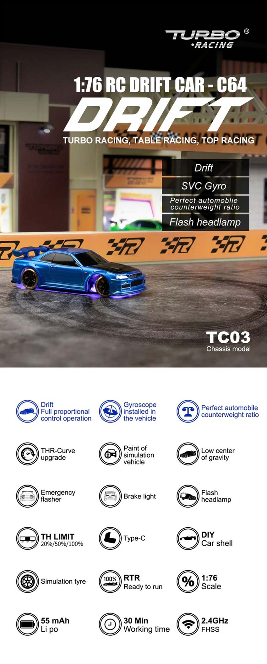 RC Drift Car Turbo Racing 1:76 C64 Mini RC Car Toys