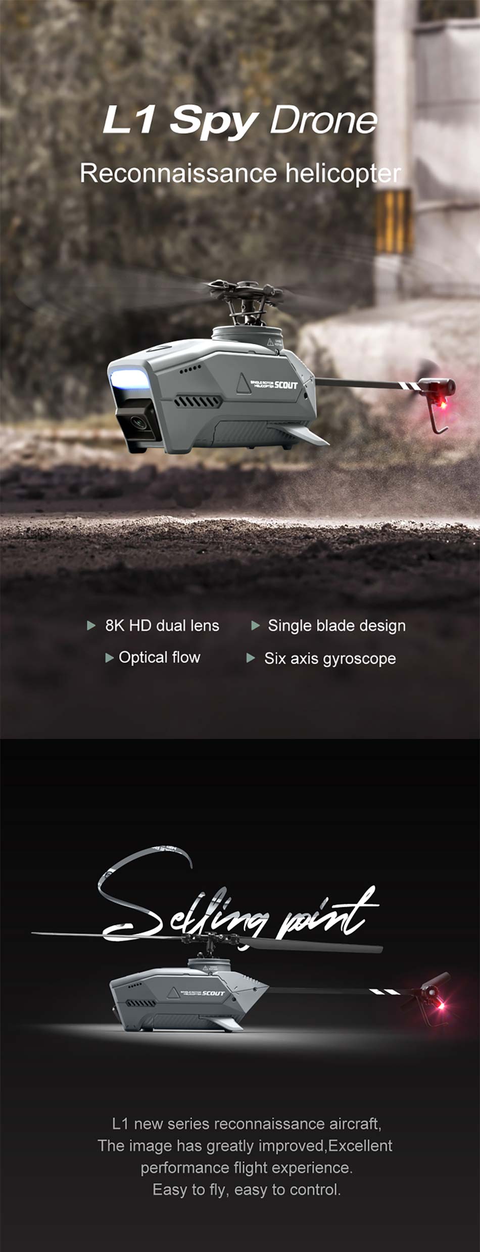 4DRC L1 RC Helicopter Four-Way Single-Blade Non-Flybar Helicopter Mini  Black Bee Aerial Photography Drone