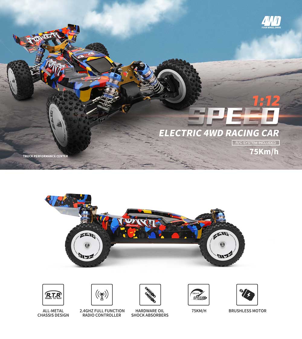 WLtoys 124019 RC Car, 1/12 Scale 2.4GHz Remote Control Car, 4WD 60km/h High  Speed Racing Car, Off-Road Buggy Drift Car RTR with Aluminum Alloy