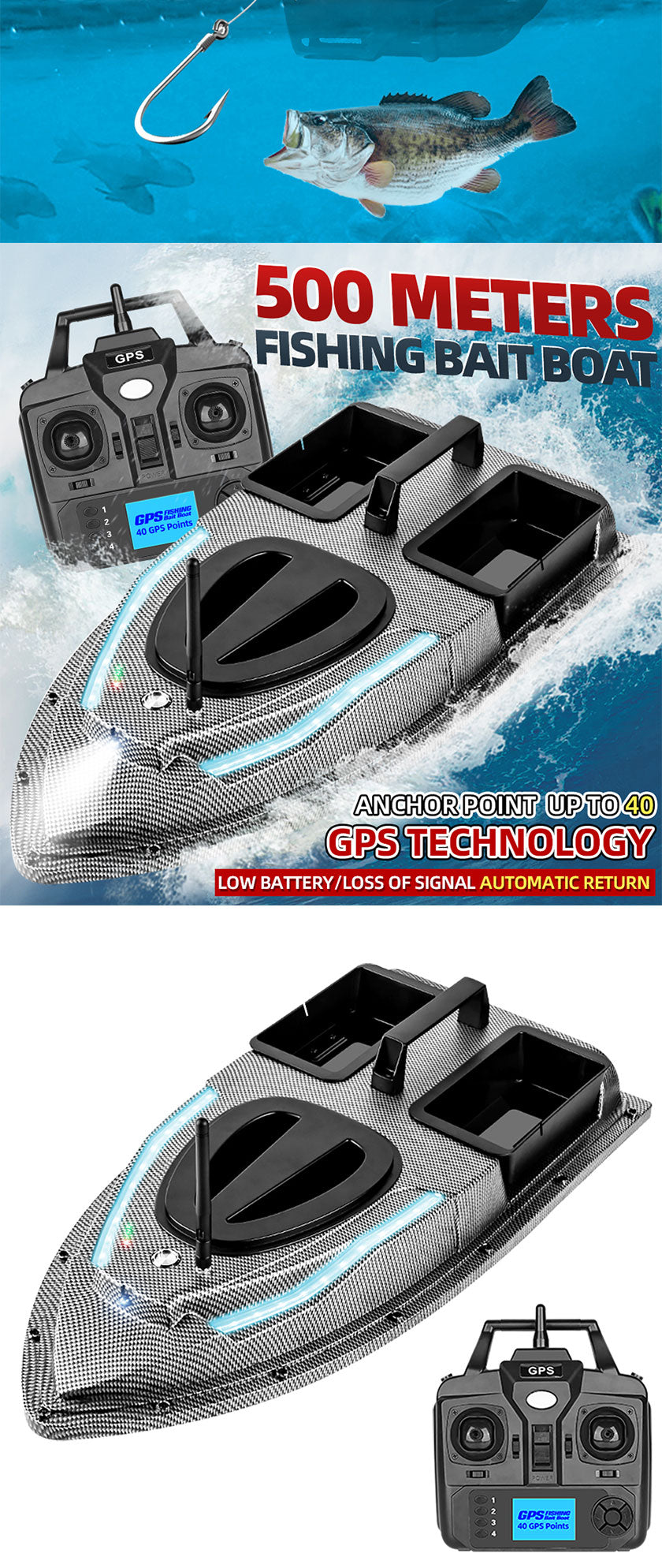 RC Bait Boat V900 GPS 500M Auto Driving Return Load 1.5KG