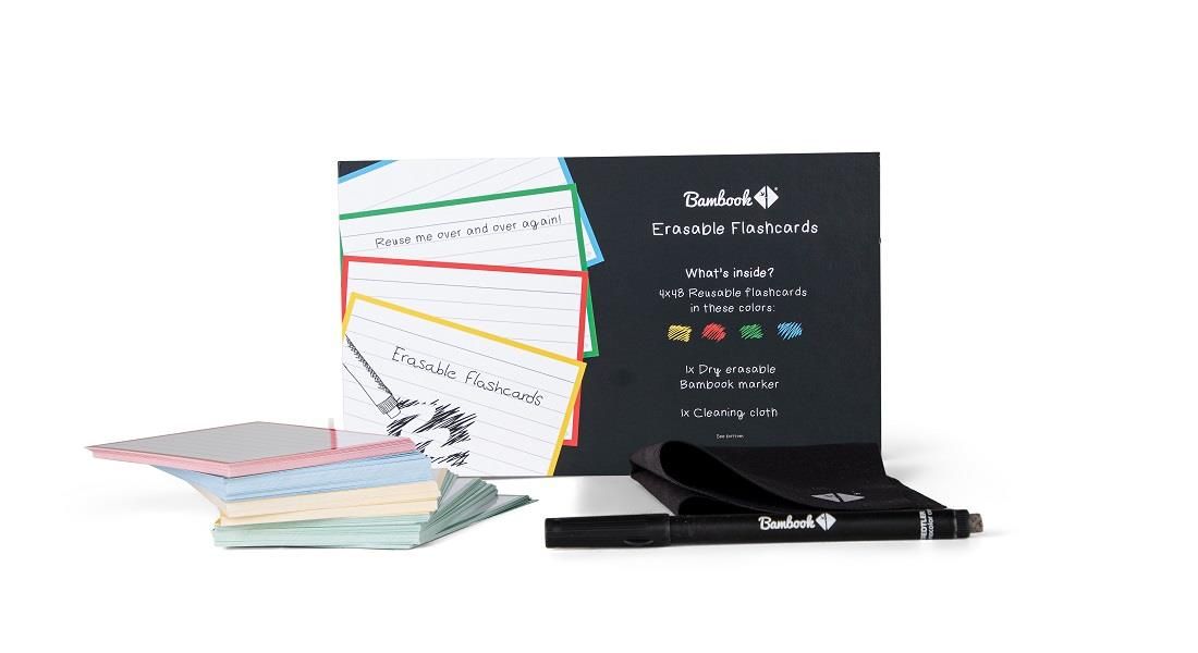 Bambook Flashcards Deluxe Set: 192 stuks uitwisbare flitskaarten/index cards in 4 kleuren met gratis stift, wisdoekje en klikring