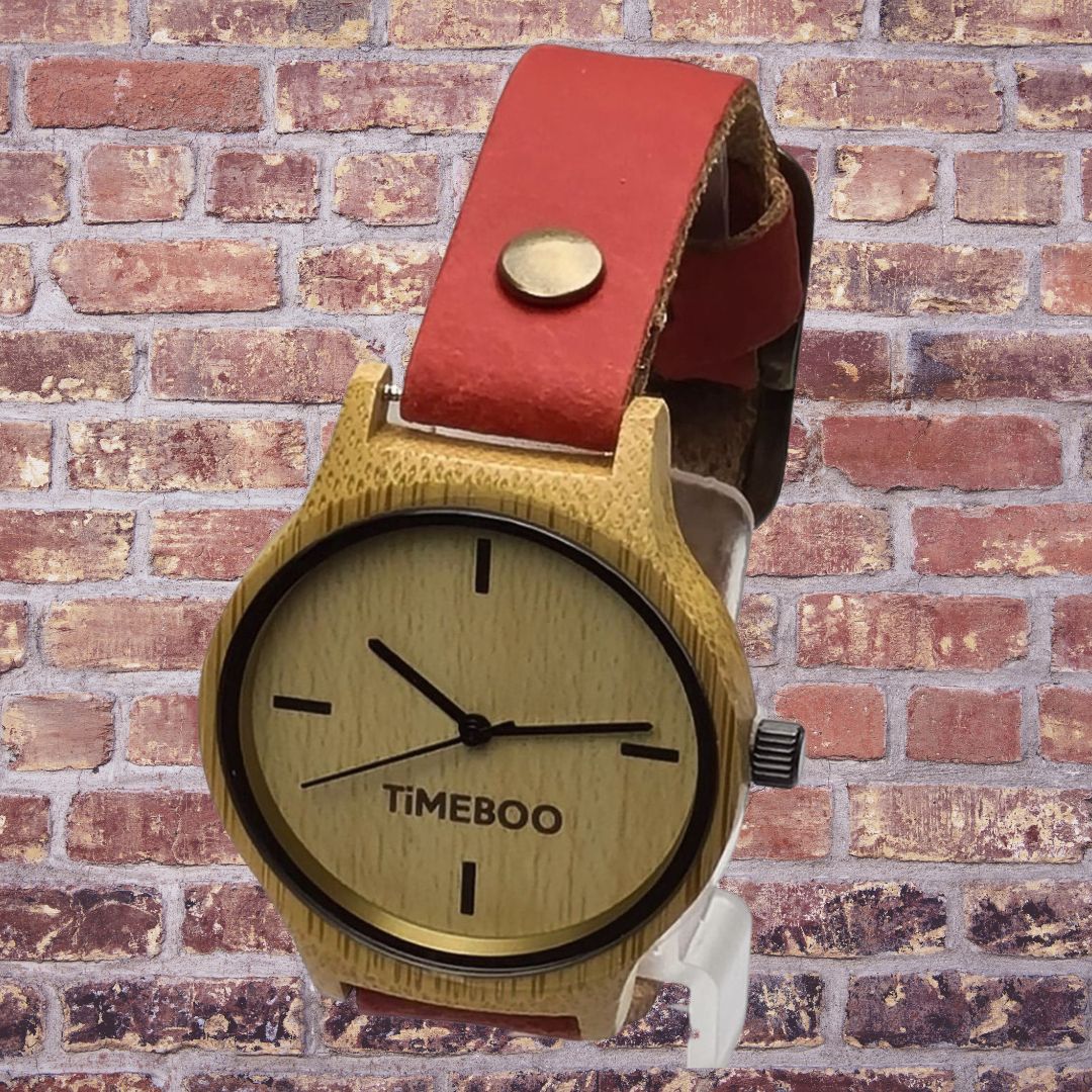 Dames horloge bamboe hout | TWIST Terra rood leren band | TiMEBOO