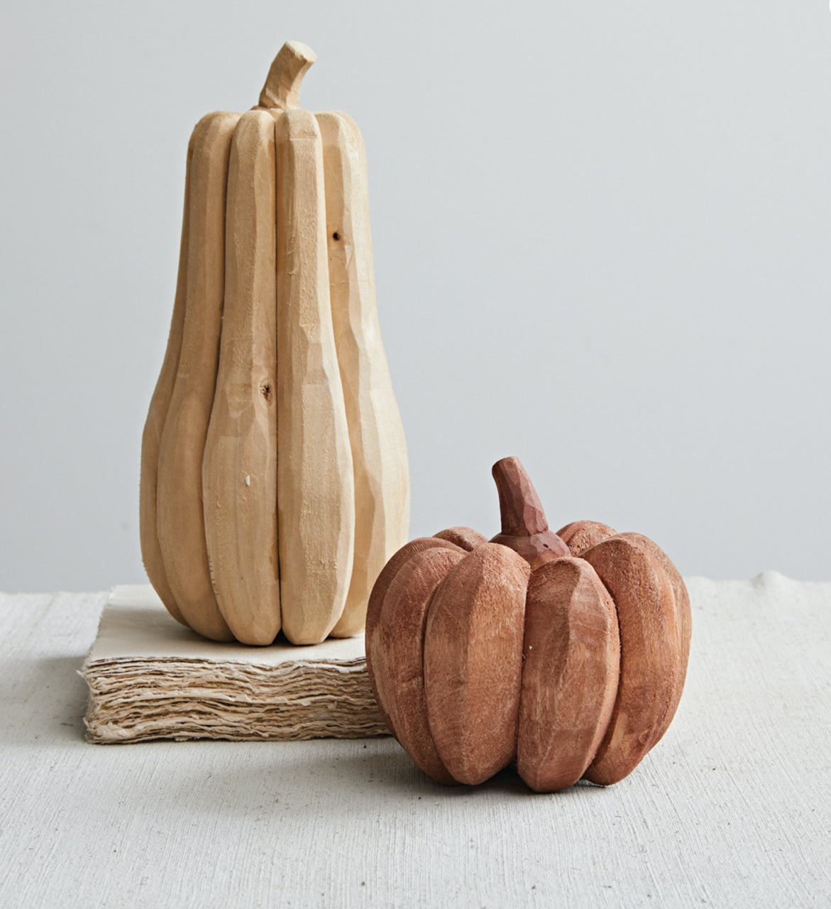 HAND-CARVED POPLAR WOOD PUMPKIN, NATURAL