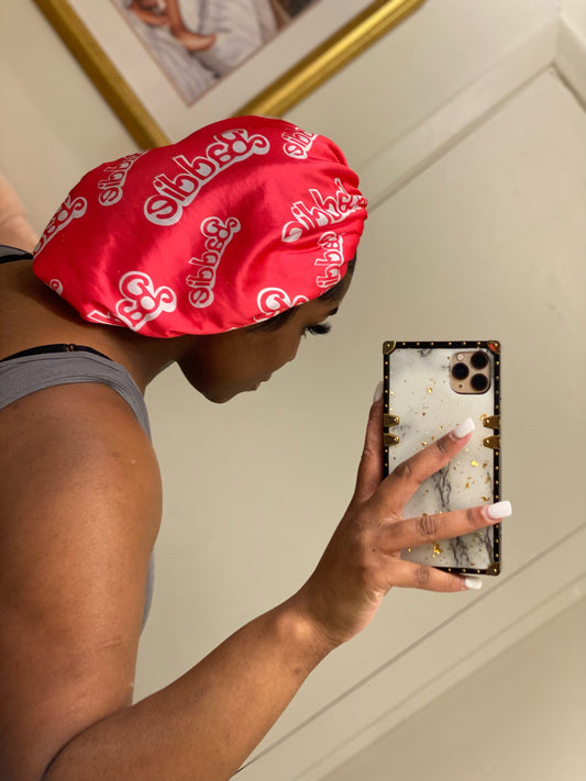 DESIGNER RED AND WHITE SUPREME LV BONNET – THE RAG LADY