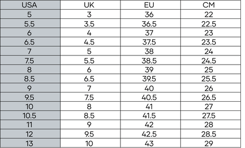 Dr Liza sizing chart