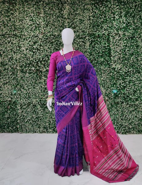 Violet Pink Sri Yantra Flower Contemporary Odisha Handloom Silk Saree with Fish Bootas