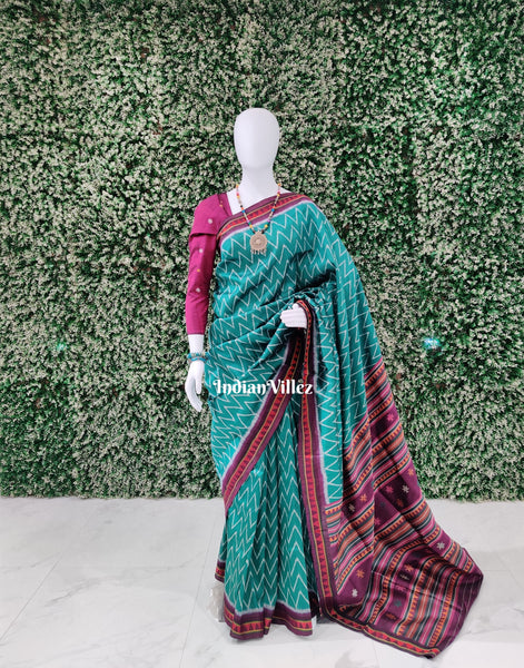 Turquoise Green Wave Contemporary Sambalpuri Silk Saree with Dongaria Border and Pallu