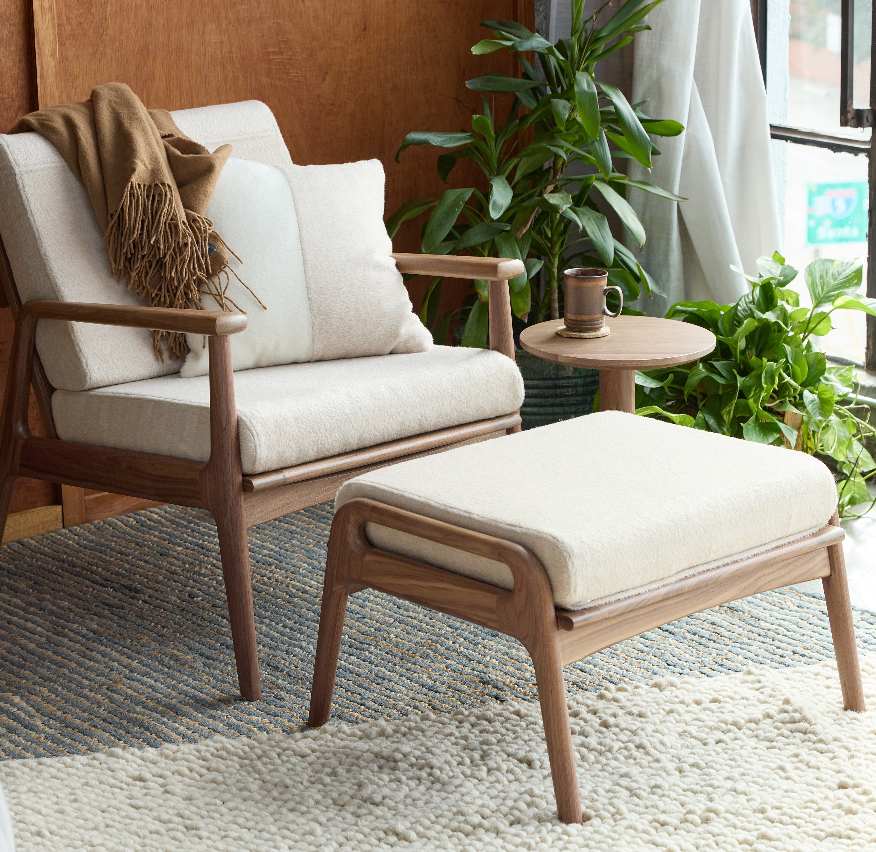 Modern Organic Style Armchair and Foot Stool in Solid Wood, Upholstered  Seating