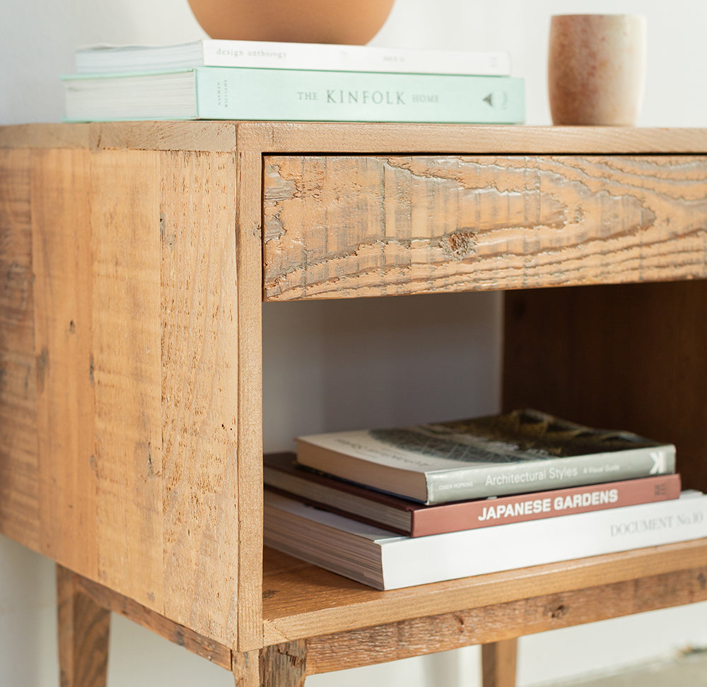 Reclaimed Wood End Table & Natural Furniture | Avocado Green Mattress