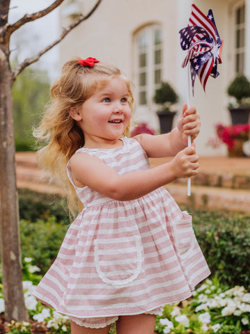 Ruffled Pocket Tunic Set – Red Pinstripes