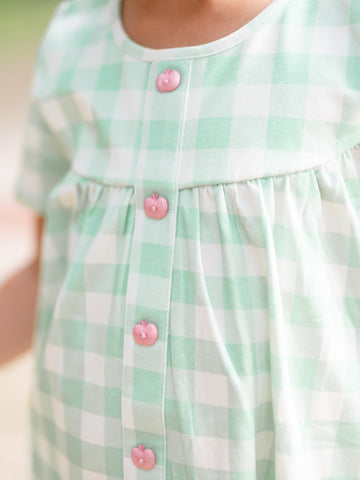 Out to Play Set - Green Apple Check and its apple shaped buttons. 